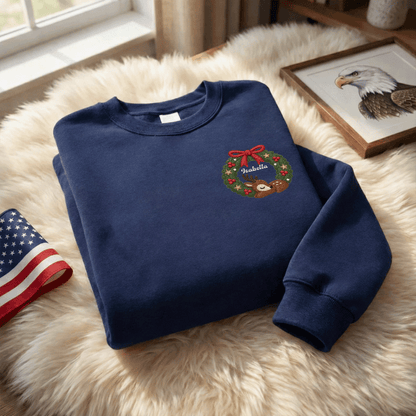 Personalized Deer Christmas Wreath Embroidered Sweatshirt, Custom Name Christmas Crewneck Gift