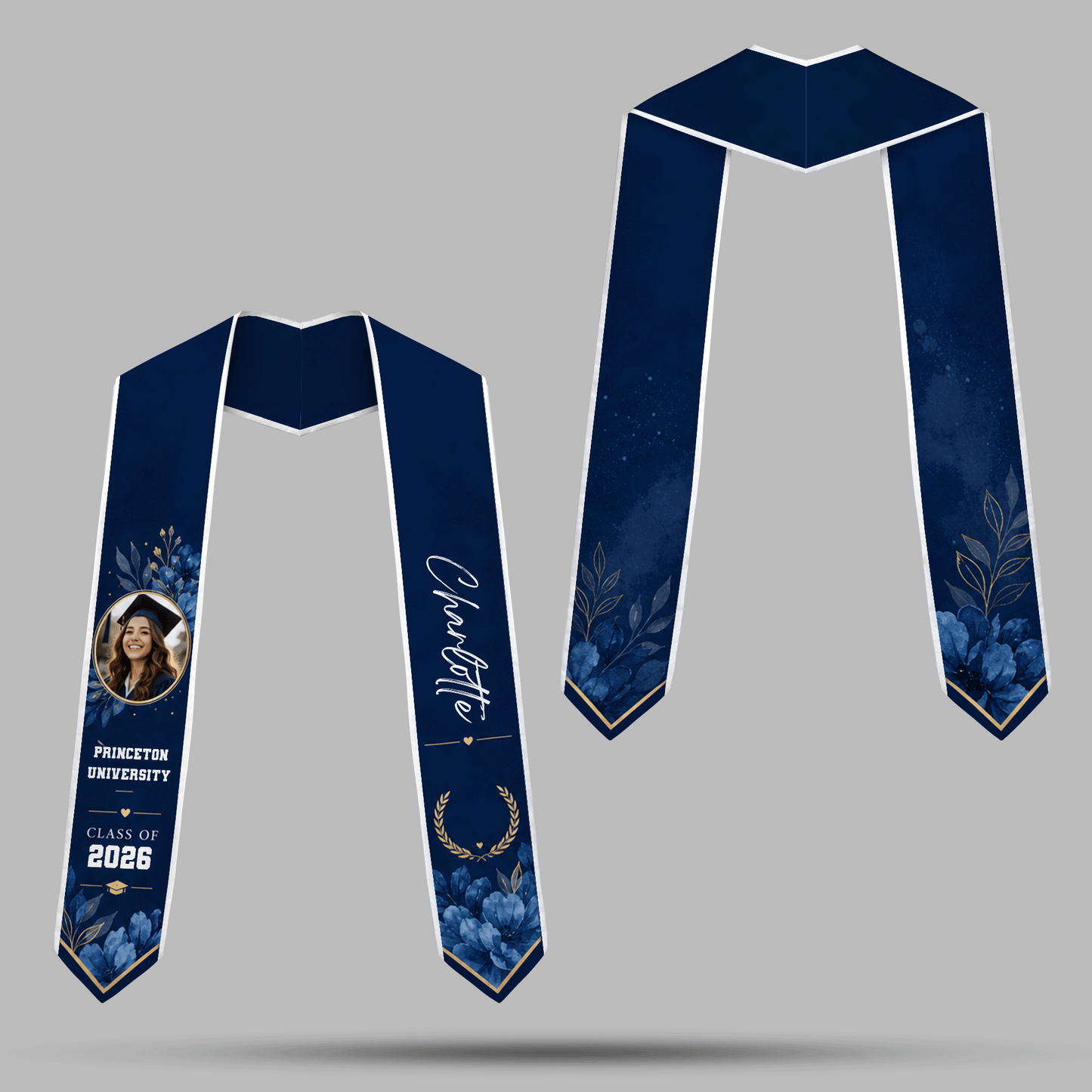 Personalized Blue Floral Graduation Stole – Custom Name