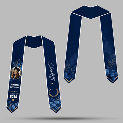 Personalized Blue Floral Graduation Stole – Custom Name