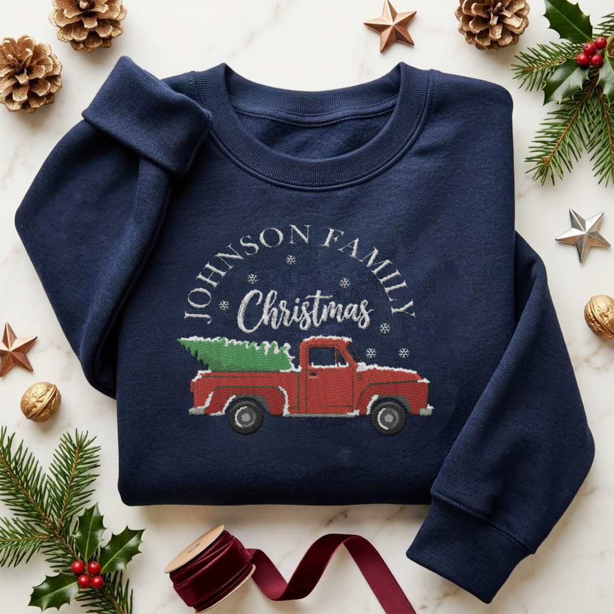 Personalized Christmas Family Truck Embroidered Sweatshirt