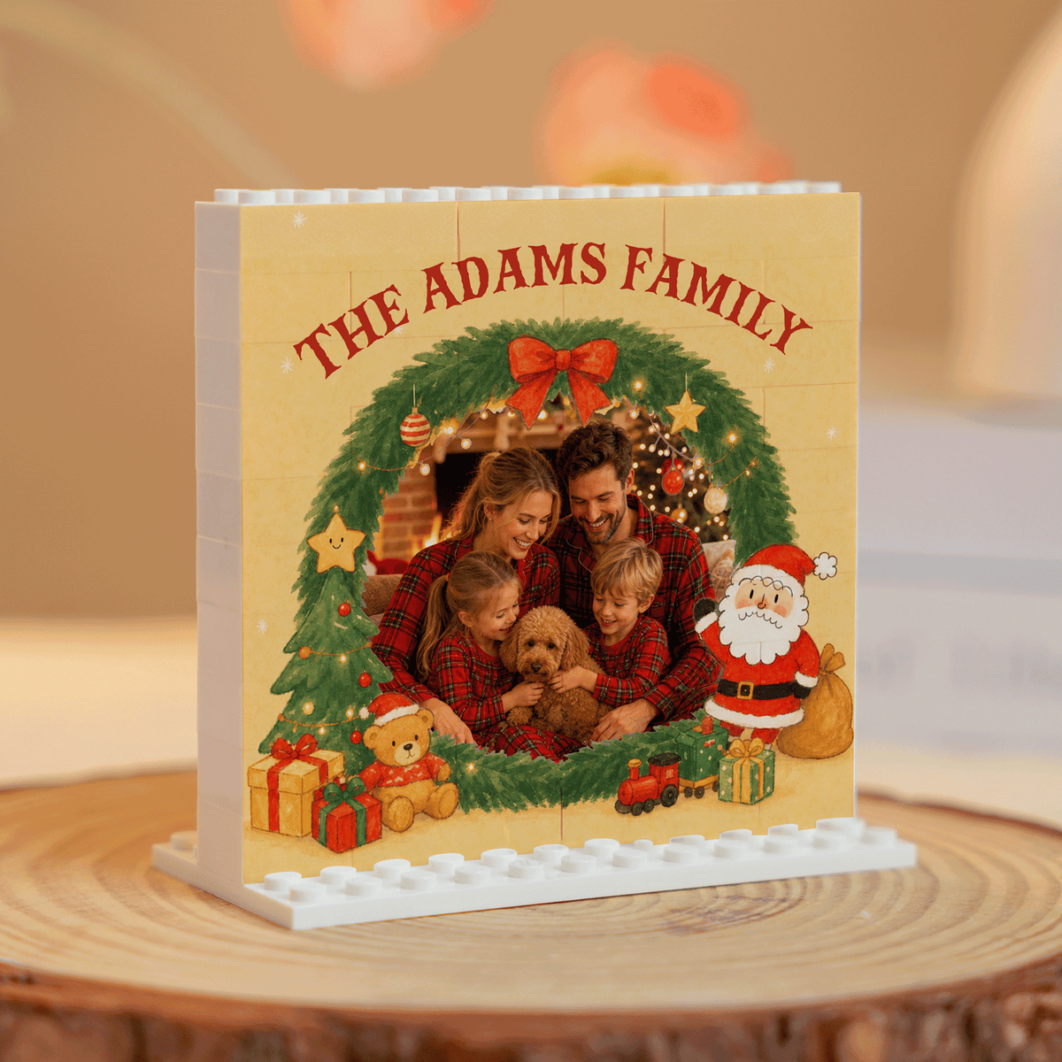 Personalized Photo Christmas Building Block in Cream, Custom Family Name Pine Wreath & Santa Brick Puzzle Keepsake Decor, Festive Holiday Desk Gift