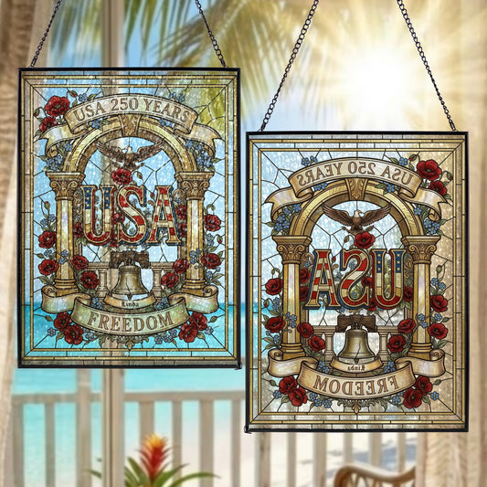 Personalized USA 250 Years Stained Glass Suncatcher Freedom Bell Patriotic Window Decor
