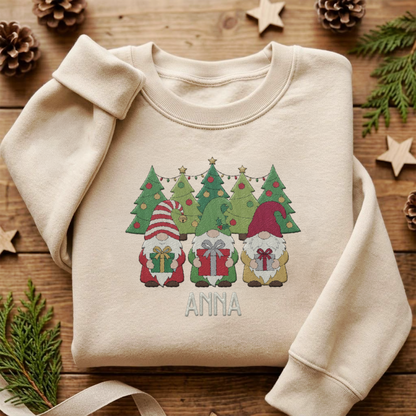Personalized Christmas Gnome Embroidered Sweatshirt, Custom Name Holiday Tree Crewneck