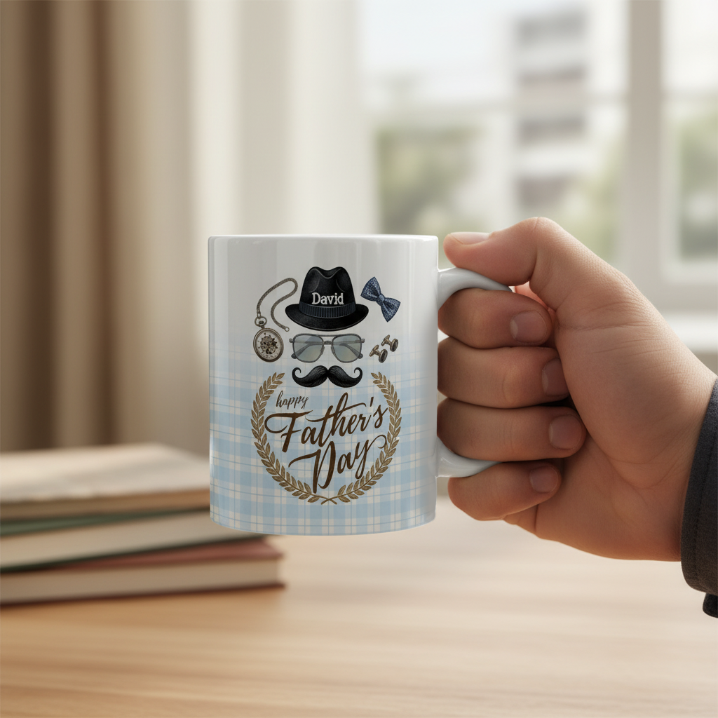 Personalized Happy Father’s Day Mug – Custom Name Ceramic Coffee Cup, Vintage Style Gift for Dad