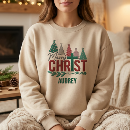 Merry Christmas Embroidered Sweatshirt, Christmas Tree Holiday Pullover