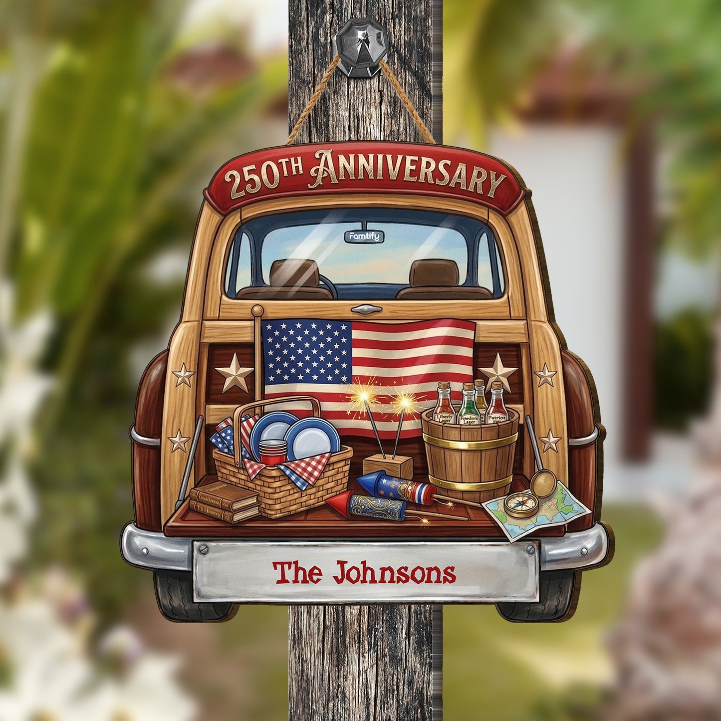 Personalized Red Truck 250th Anniversary Wooden Sign – Custom Family Name Patriotic Decor – 4th of July Gift for Family Door Sign