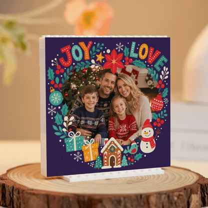 Personalized Photo Christmas Building Block in Navy Blue, Custom Family Picture Poinsettia Wreath "Joy & Love" Brick Puzzle Keepsake Decor, Festive Holiday Desk Gift