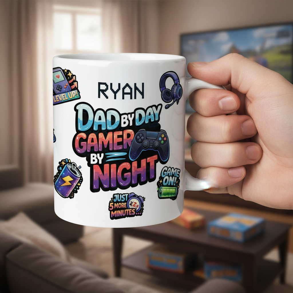 Personalized Gamer Dad Mug – Dad by Day Gamer by Night Custom Name Coffee Mug