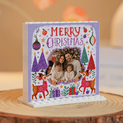 Personalized Photo Christmas Building Block in Soft Purple, Custom Family Picture Reindeer & Winter Forest "Merry Christmas" Brick Puzzle Keepsake Decor, Festive Holiday Desk Gift