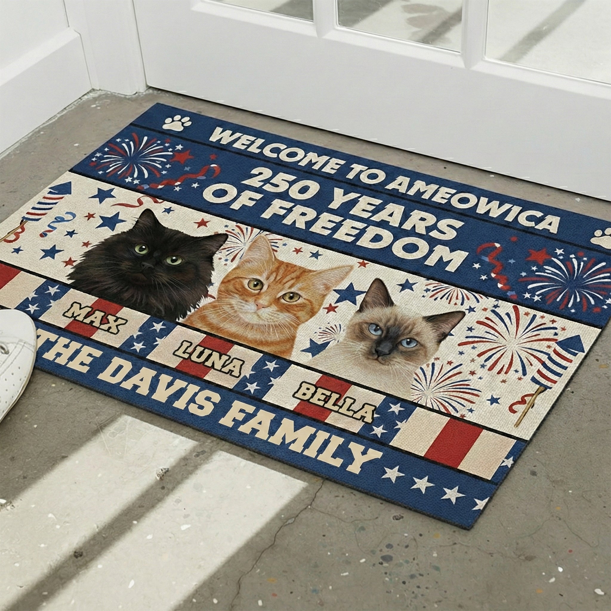 Custom Cat Photo Doormat Welcome to Ameowica 1776-2026 Patriotic Mat