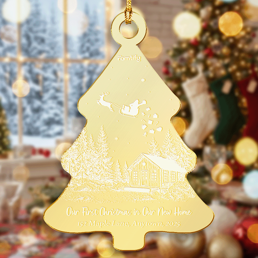 Personalized Christmas Tree Mirrored Acrylic Ornament - Gift For New Homeowner