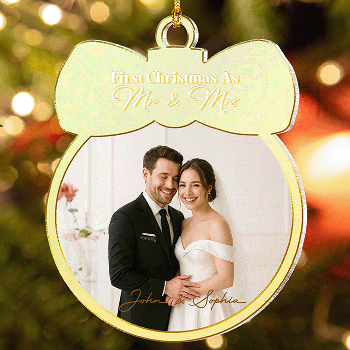 Personalized First Christmas Married Couple Mirrored Acrylic Ornament - Custom Wedding Photo Gift