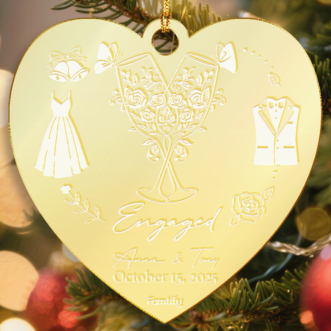 Personalized Mirrored Acrylic Heart Shape Ornament With Engagement Date