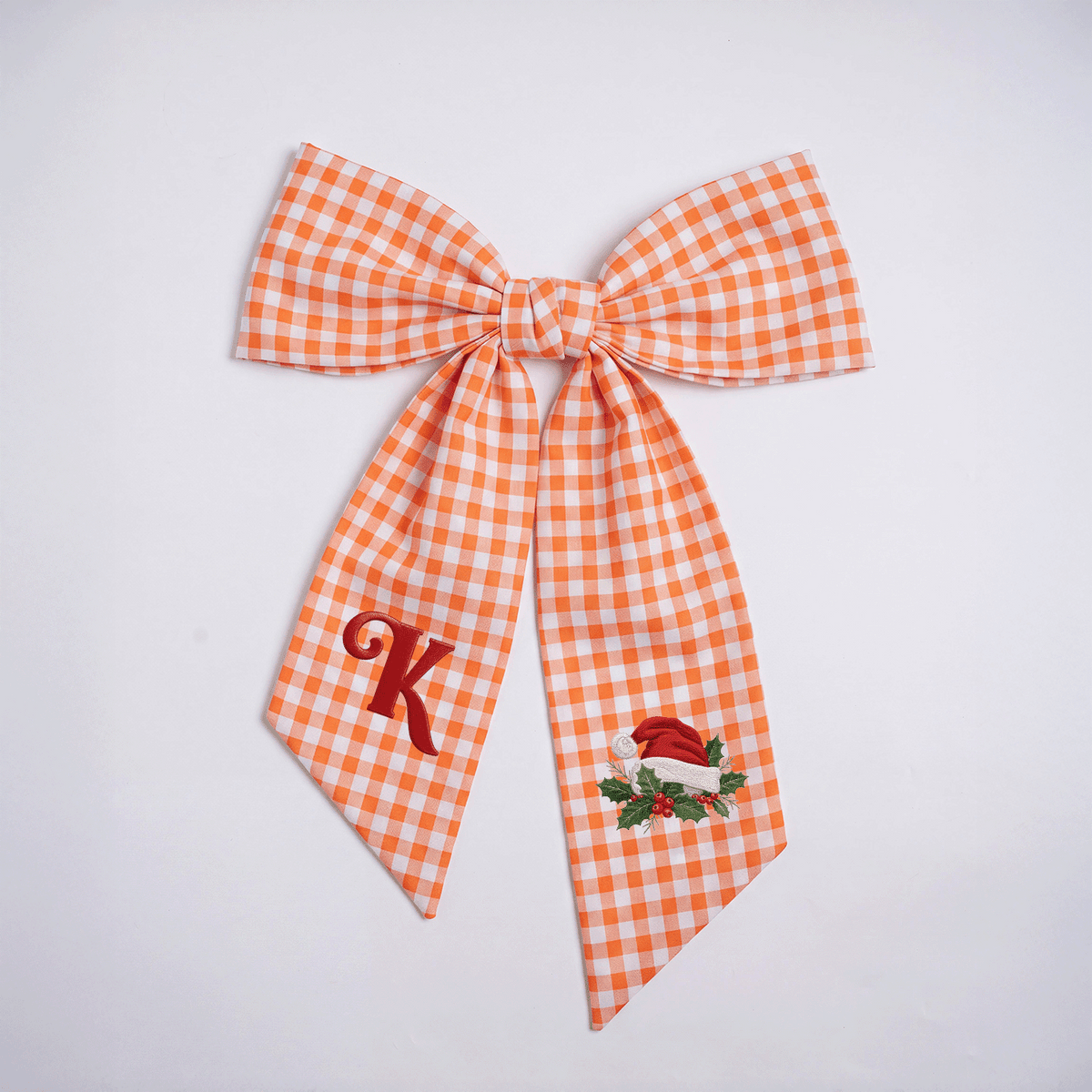 Custom Letter Christmas Santa Hat Embroidered Linen Wreath Sash, Personalized Sage Floral Monogram Bow for Front Door Decor
