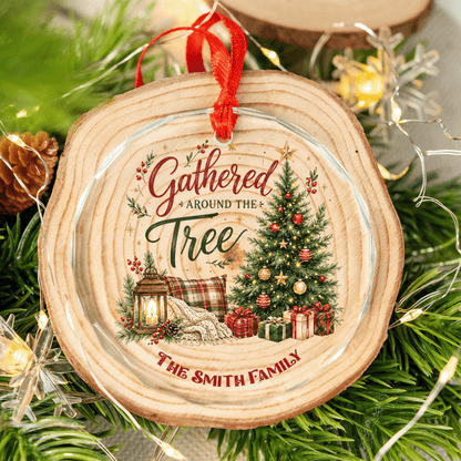 Personalized Gathered Around the Tree Glass Ornament with Custom Name
