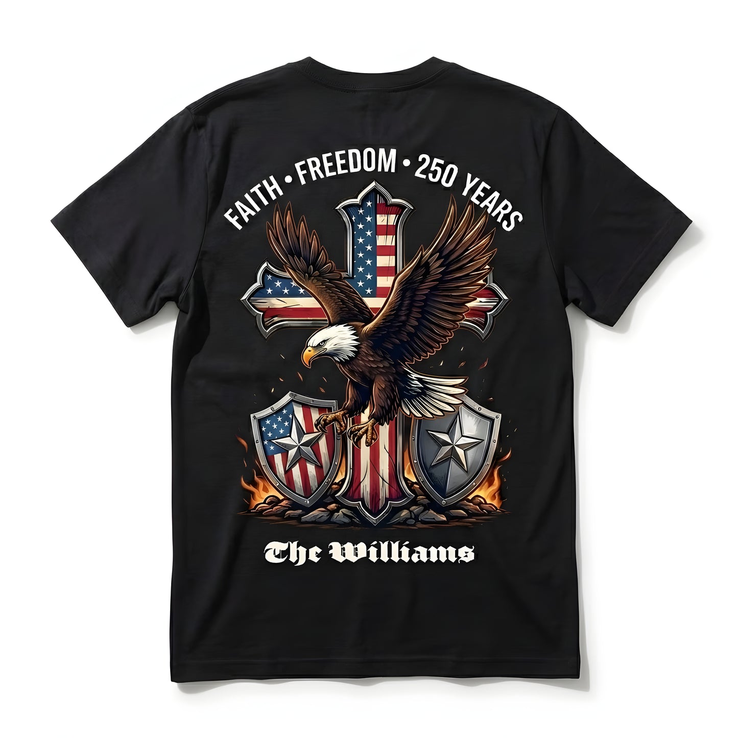 250 Years of Freedom Shirt 1776–2026 – Patriotic Eagle Cross Faith USA T-Shirt Personalized Name Tee