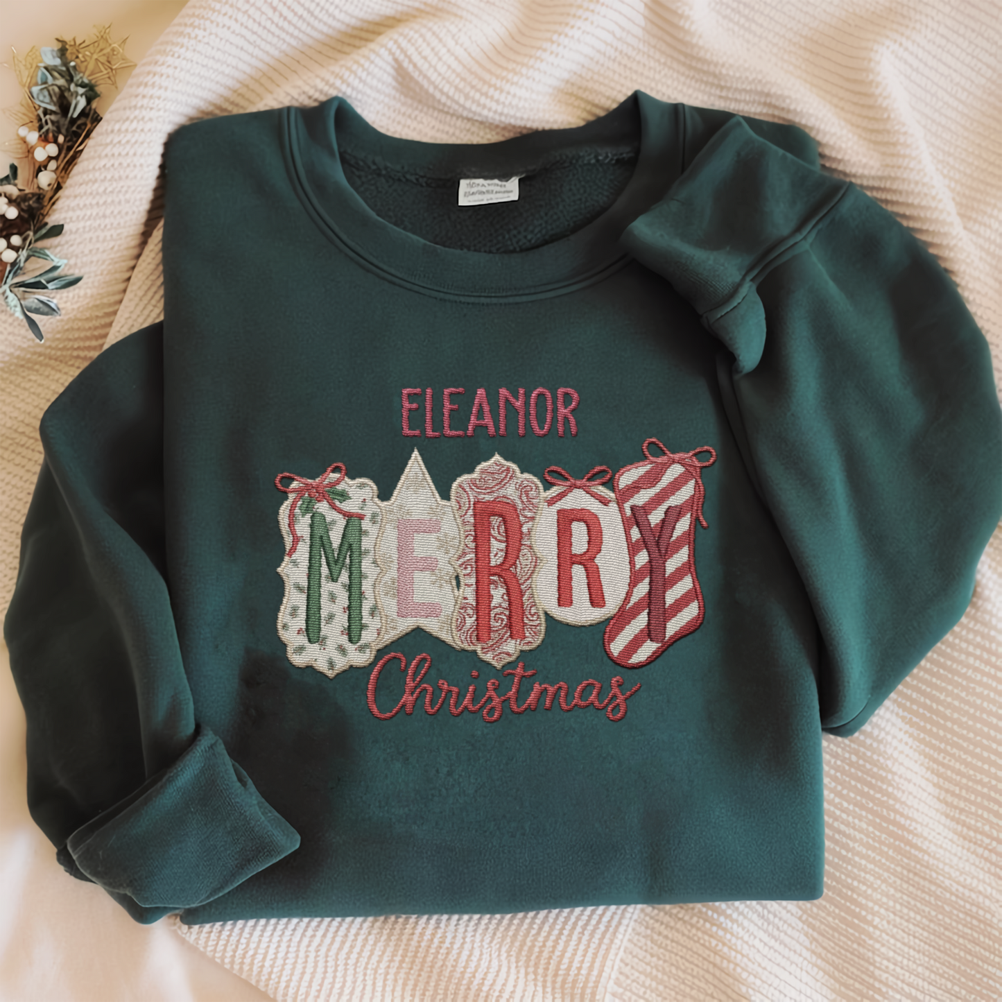 Personalized Merry Christmas Patchwork Sweatshirt with Custom Name | Vintage Holiday Crewneck Gift