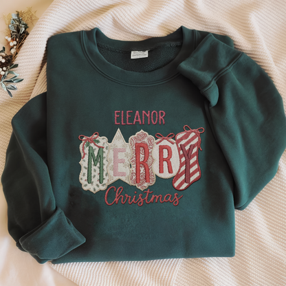 Personalized Merry Christmas Patchwork Sweatshirt with Custom Name | Vintage Holiday Crewneck Gift