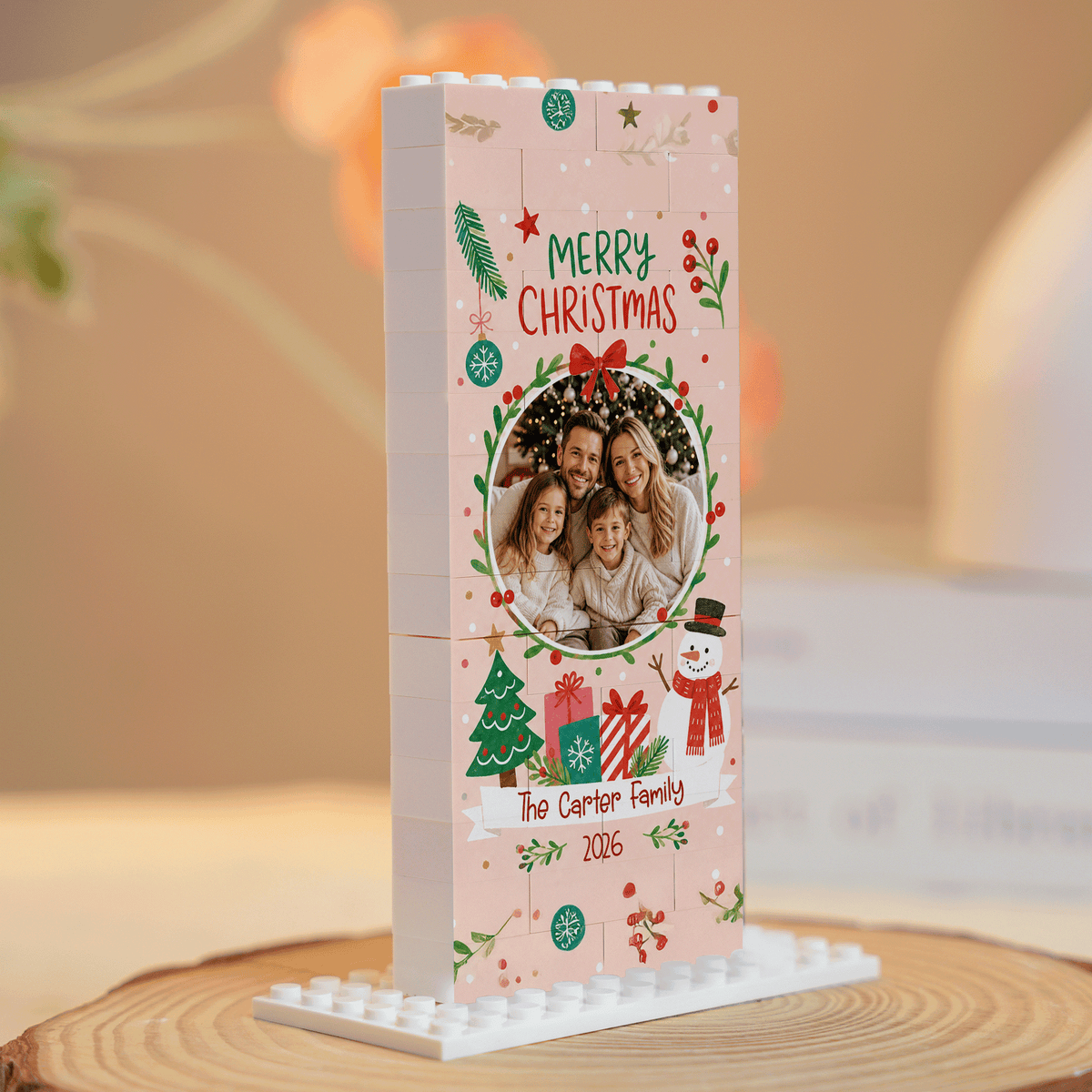 Personalized Photo Christmas Building Block in Blush Pink, Custom Family Name & Year Wreath Snowman Brick Puzzle Keepsake Decor, Festive Holiday Desk Gift