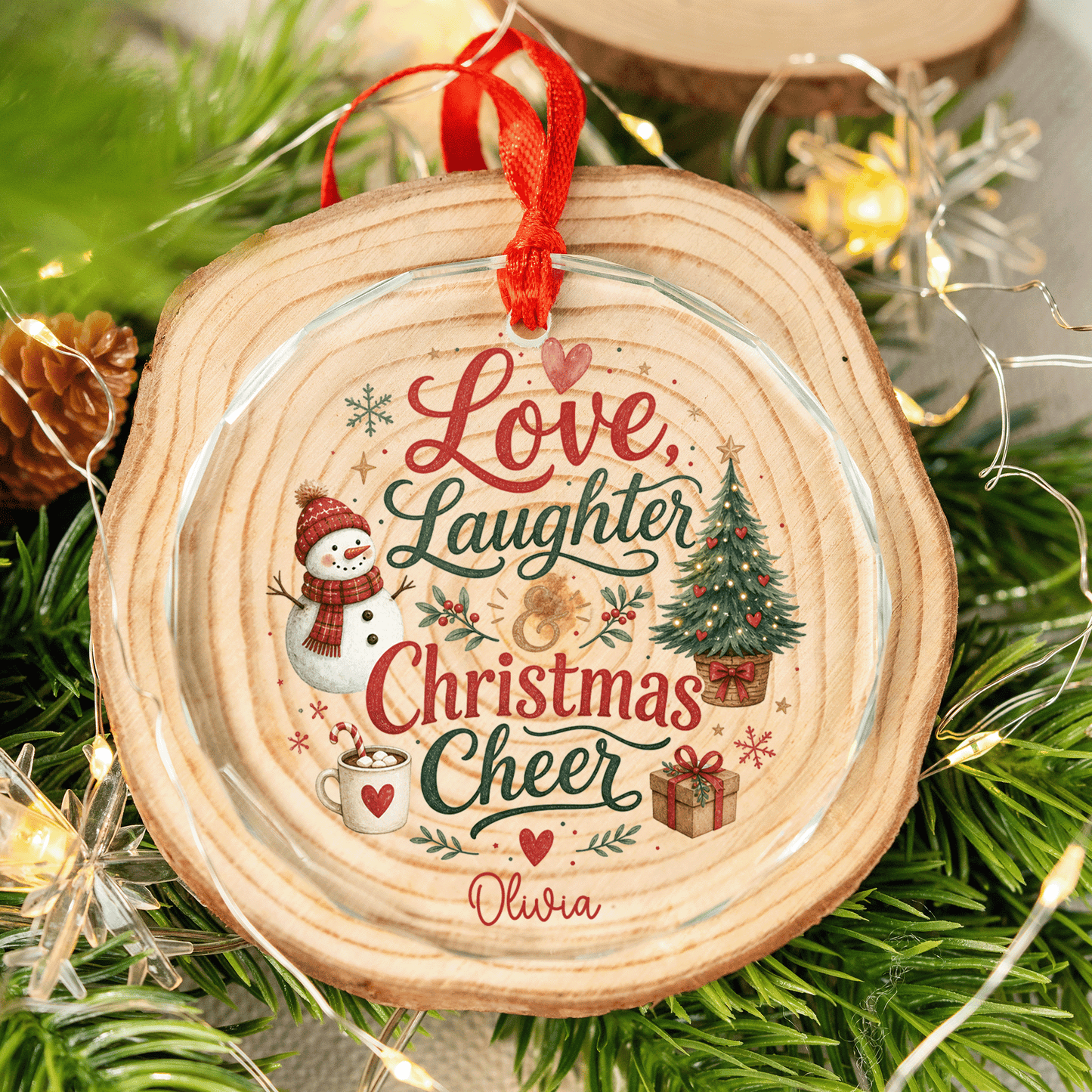Personalized Love, Laughter and Christmas Cheer Glass Ornament, Custom Name Family Christmas Gift