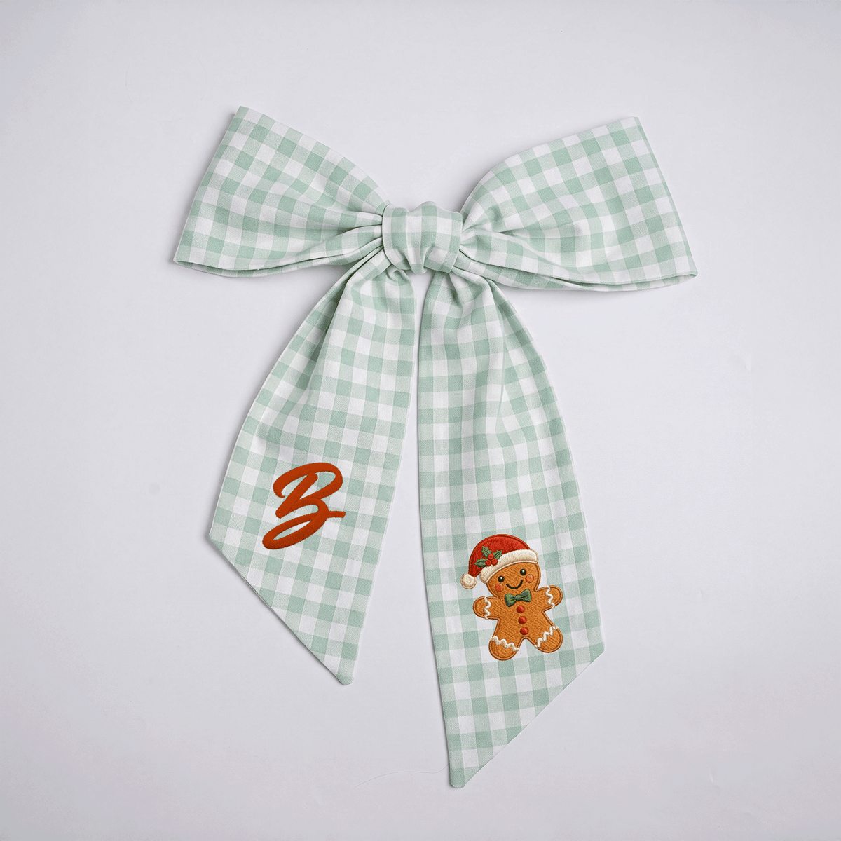 Custom Letter Gingerbread Man Gingham Embroidered Linen Wreath Sash, Personalized Monogram Holiday Bow Sash for Door Decor