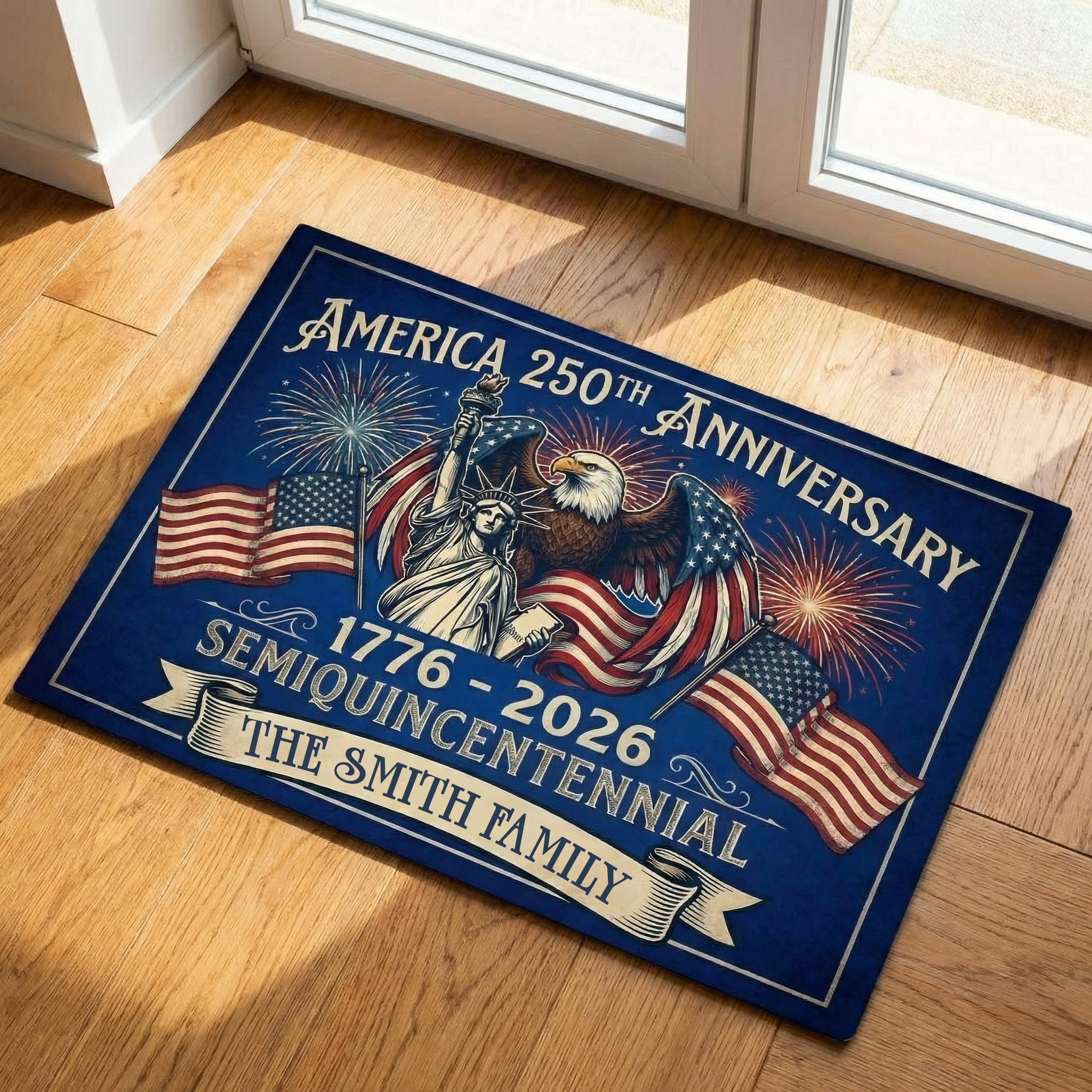 250th Anniversary America Doormat - Personalized Family Name Welcome Rug