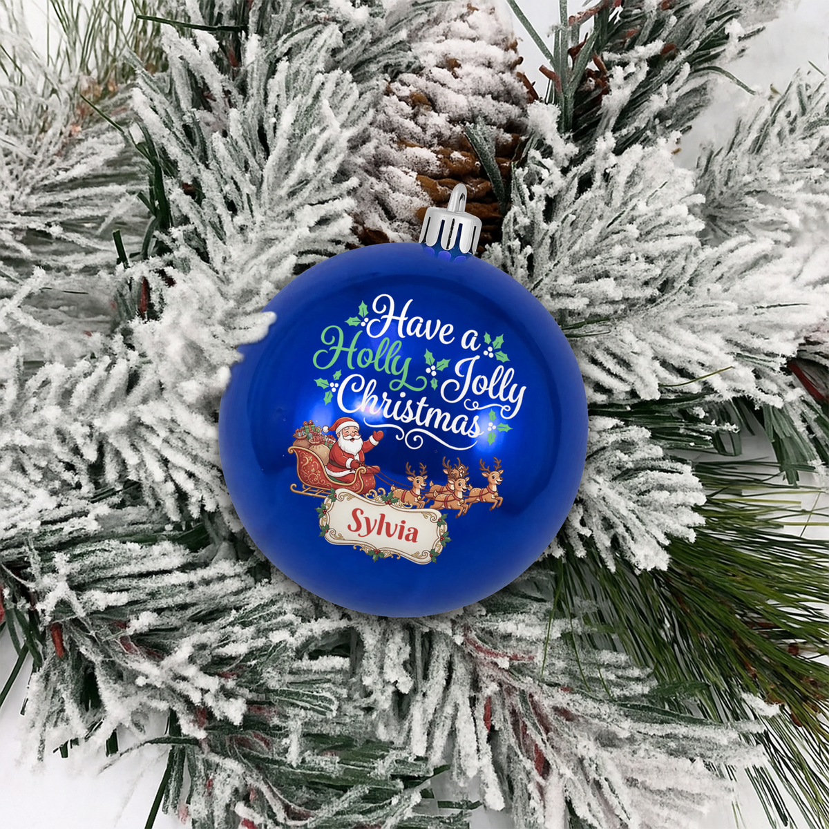 Personalized Name Have A Holly Jolly Christmas Blue Ball Ornament, Custom Santa Sleigh Shatterproof Plastic Bauble