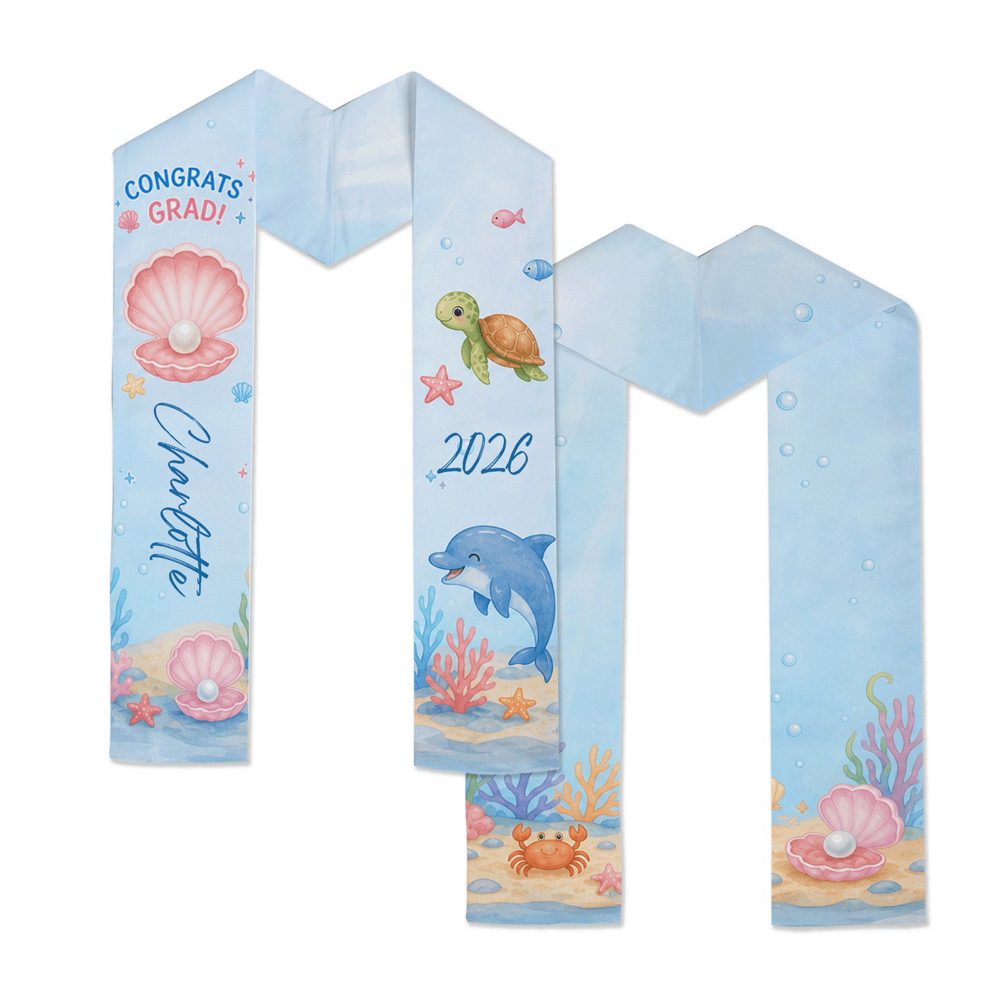 Personalized Ocean Turtle and Pearl Kid Graduation Stole – Custom Name