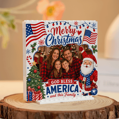 Personalized Photo Christmas Building Block in Off-White & Red, Custom Family Picture Patriotic American Flag Santa Brick Puzzle Keepsake Decor, Festive Holiday Desk Gift