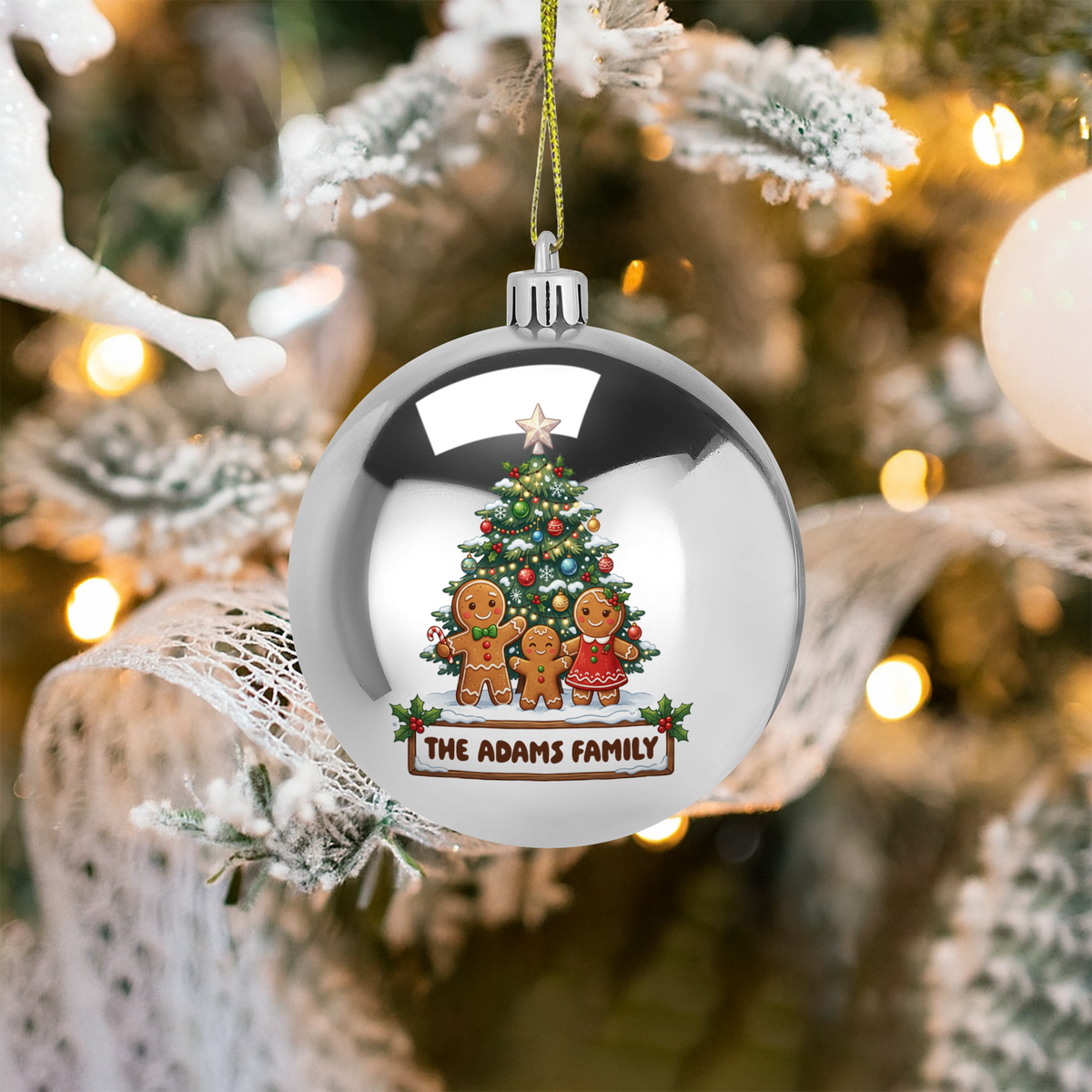 Personalized Family Name Gingerbread Family Silver Christmas Ball Ornament, Custom Full Color Shatterproof Plastic Bauble
