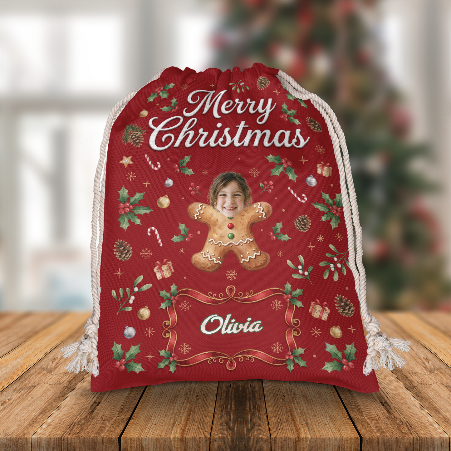 Personalized Cute Gingerbread Cookie Christmas Sack with Custom Face
