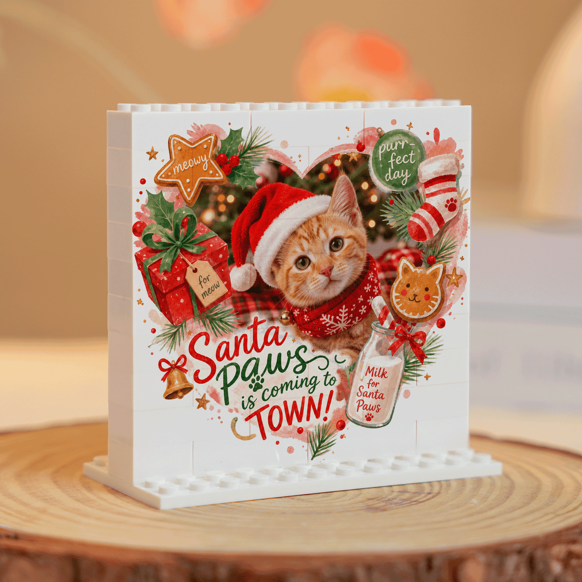 Personalized Photo Christmas Building Block in Cream White, Custom Cat Photo Santa Paws is Coming to Town Milk & Cookie Brick Puzzle Keepsake Decor, Holiday Gift for Cat Lovers
