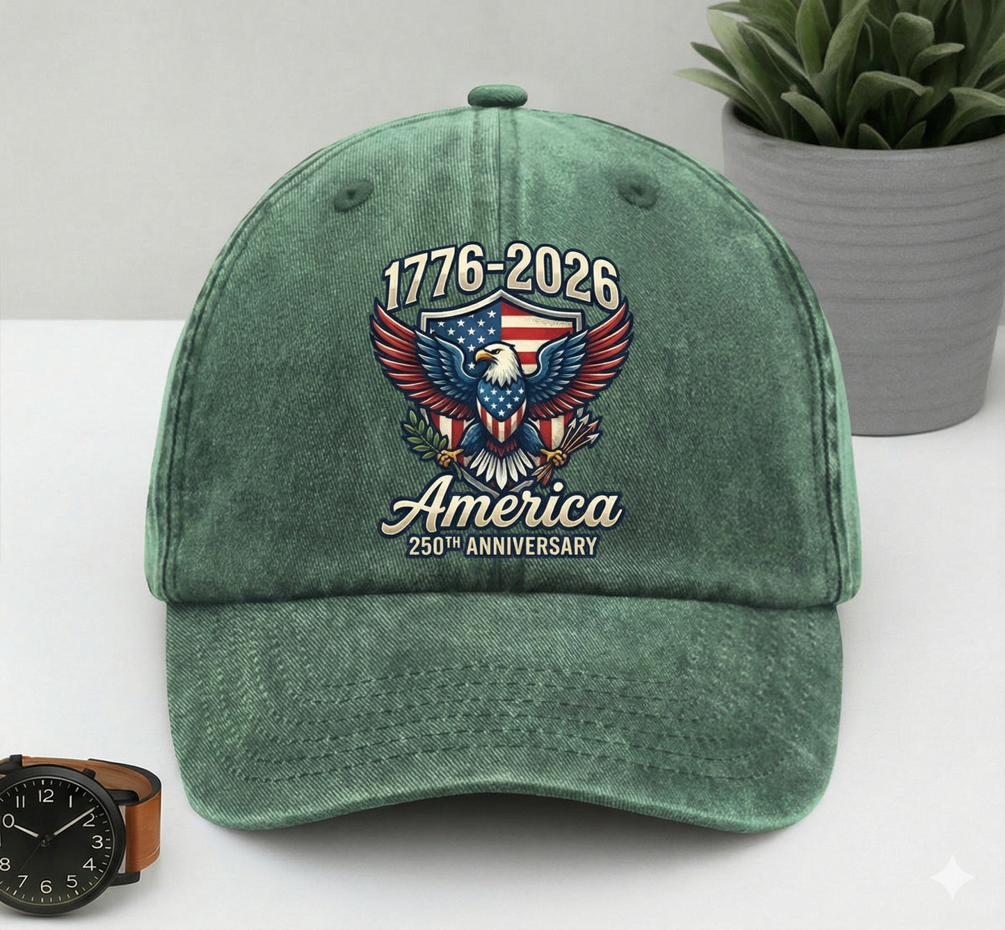 America 250 Years Anniversary Eagle US Flag Washed Denim Cap – Personalized Independence Day Gift