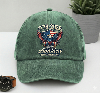 America 250 Years Anniversary Eagle US Flag Washed Denim Cap – Personalized Independence Day Gift
