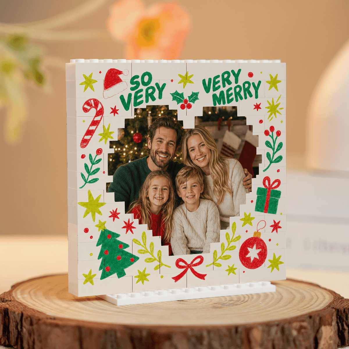 Personalized Photo Christmas Building Block in White, Custom Family Picture Doodle "So Very Very Merry" Heart Brick Puzzle Keepsake Decor, Festive Holiday Desk Gift