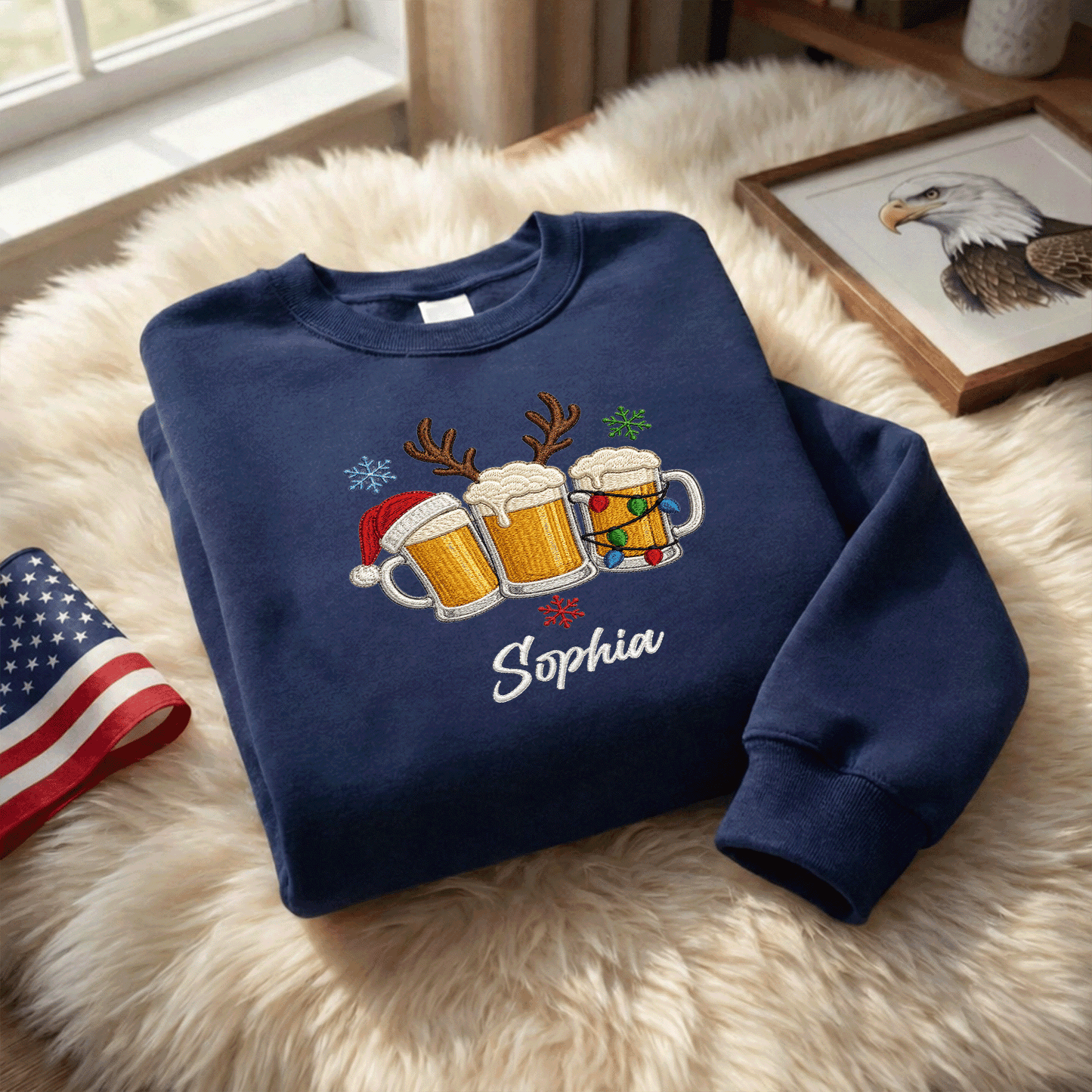 Personalized Embroidered Christmas Beer Mugs Sweatshirt with Custom Name