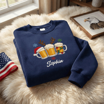 Personalized Embroidered Christmas Beer Mugs Sweatshirt with Custom Name