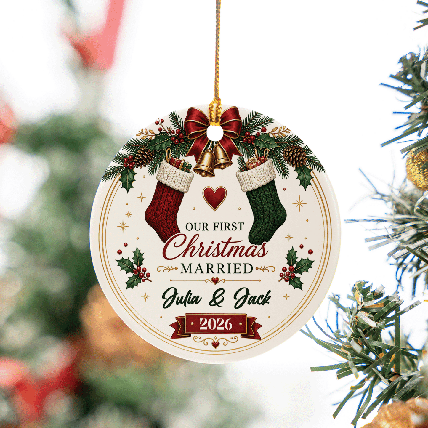 Personalized Our First Christmas Married Ceramic Ornament, Custom Name Wedding Christmas Gift