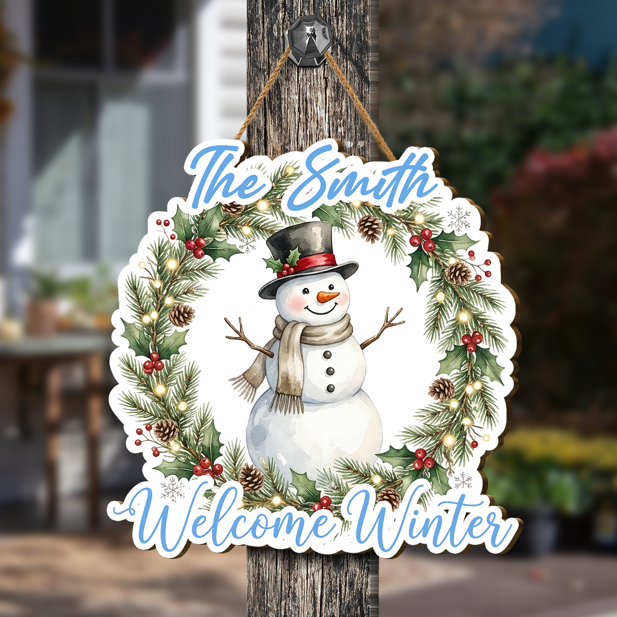 Personalized Snowman Wreath Custom Shape Wood Sign, Custom Family Name Welcome Winter Pine Wreath Wooden Hanging Plaque, Festive Holiday Door & Wall Decor Family Gift