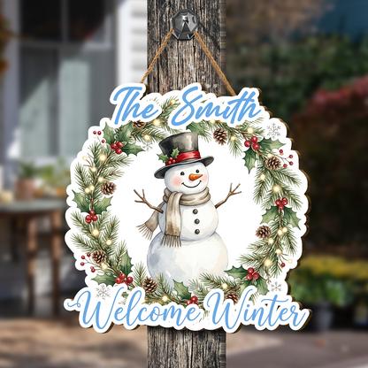 Personalized Snowman Wreath Custom Shape Wood Sign, Custom Family Name Welcome Winter Pine Wreath Wooden Hanging Plaque, Festive Holiday Door & Wall Decor Family Gift