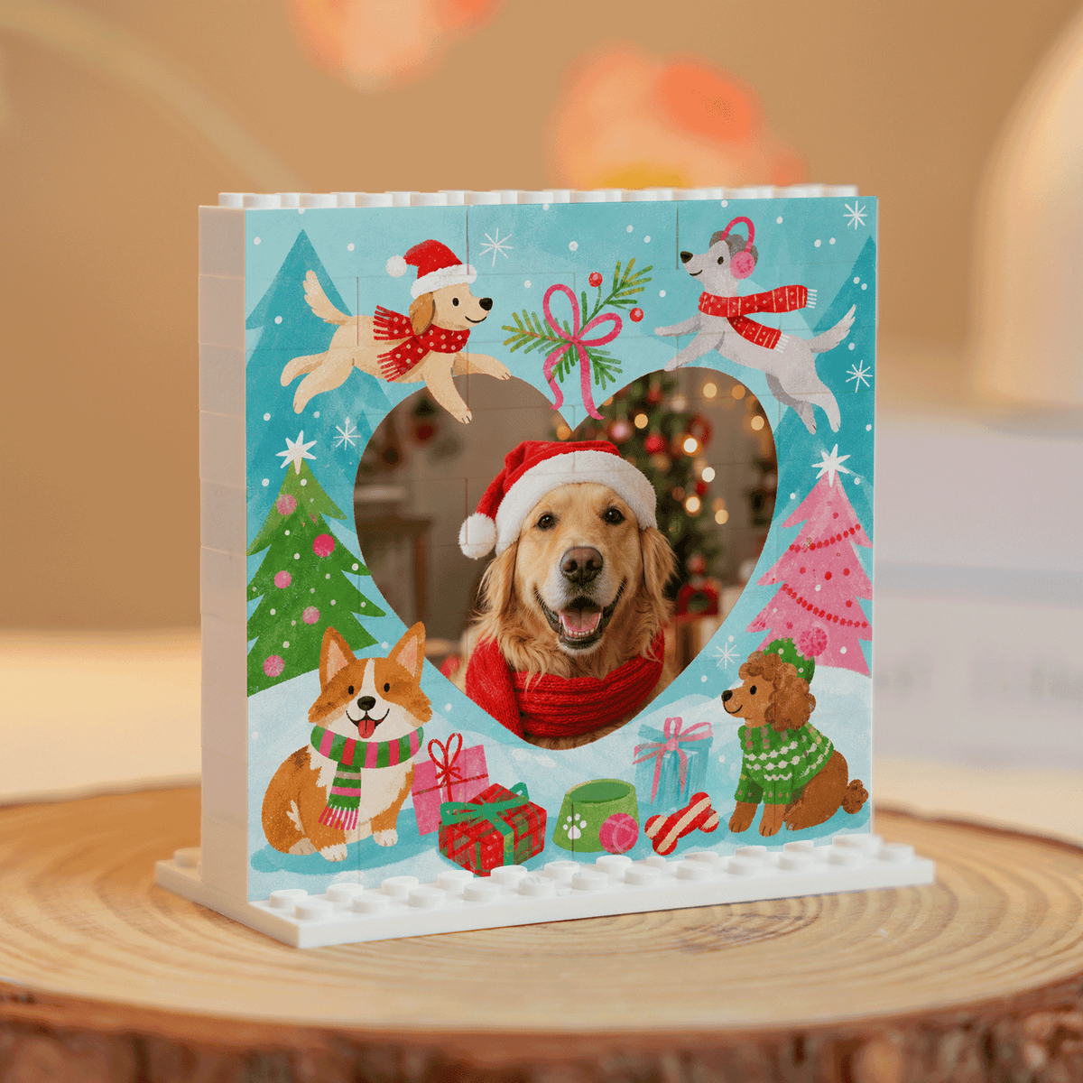 Personalized Photo Christmas Building Block in Light Blue, Custom Dog Photo Heart Shape Playful Dogs in Snow Brick Puzzle Keepsake Decor, Holiday Gift for Dog Lovers