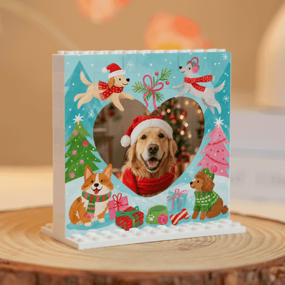 Personalized Photo Christmas Building Block in Light Blue, Custom Dog Photo Heart Shape Playful Dogs in Snow Brick Puzzle Keepsake Decor, Holiday Gift for Dog Lovers