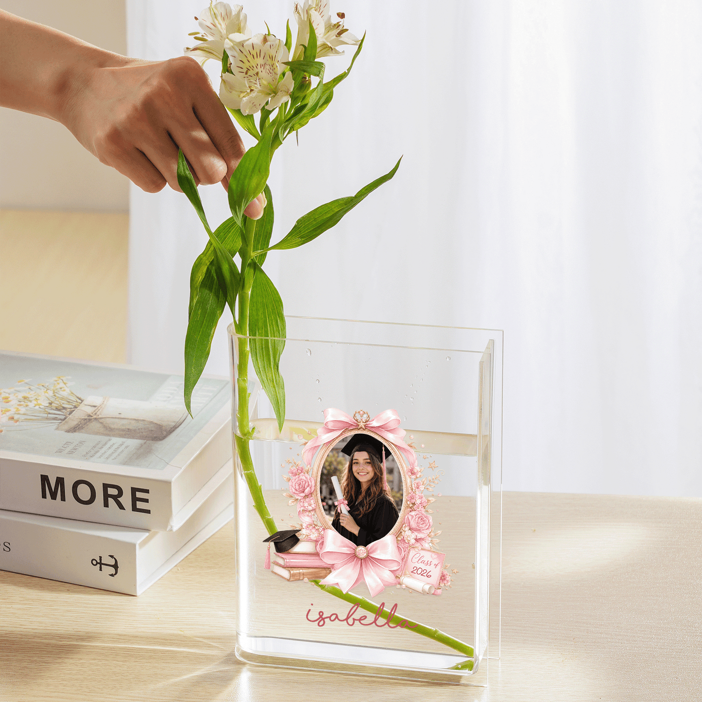 Personalized Pink Bow Acrylic Book Vase with Custom Photo