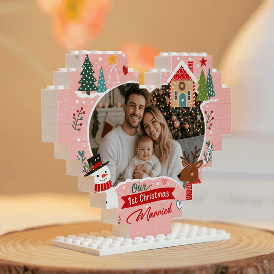 Personalized Photo Christmas Building Block Heart Shape in Blush Pink, Custom Couple First Christmas Married Photo Snowman & Reindeer Brick Puzzle Keepsake Decor, Holiday Gift for Newlyweds