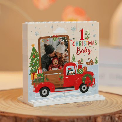 Personalized Photo Christmas Building Block in Cream White, Custom Baby First Christmas Photo Vintage Red Truck & Pine Tree Brick Puzzle Keepsake Decor, Holiday Gift for New Parents
