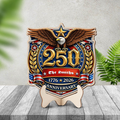 Personalized USA 250th Anniversary 2-Layer Wood Sign – Patriotic Eagle Emblem 1776–2026 Custom Family Name Door Decor