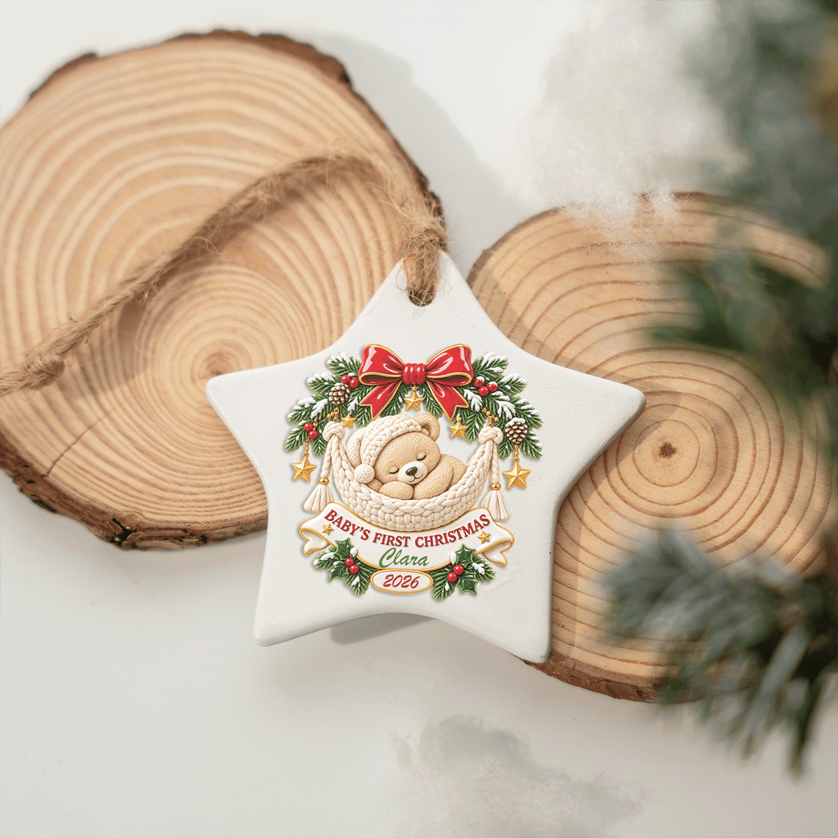 Personalized Baby's First Christmas Sleeping Bear Ceramic Star Ornament, Custom Name Year Xmas Tree Hanging Decor Keepsake, New Baby Shower Gift