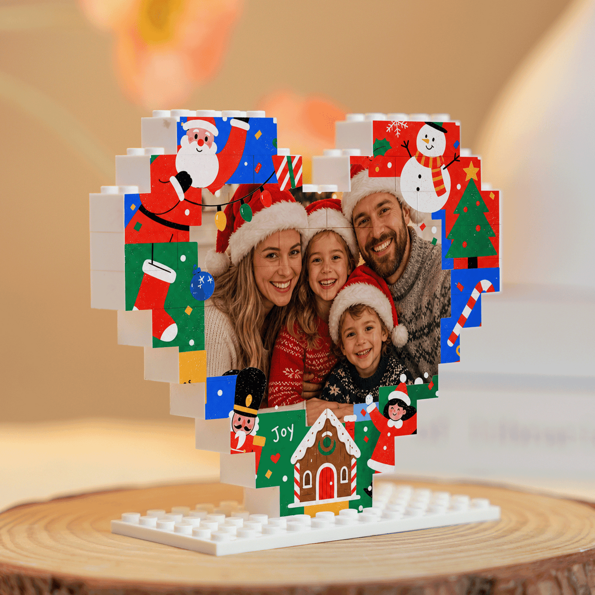 Personalized Photo Heart Building Block in Red & Blue, Custom Family Picture Gingerbread House & Nutcracker Xmas Brick Puzzle Keepsake Decor, Festive Christmas Desk Gift