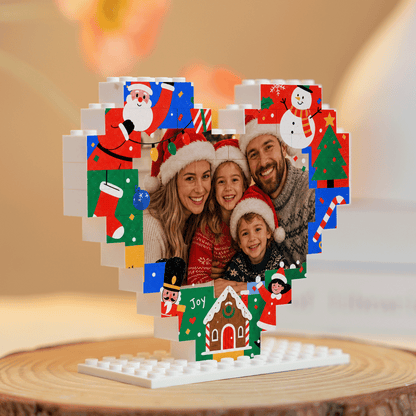 Personalized Photo Heart Building Block in Red & Blue, Custom Family Picture Gingerbread House & Nutcracker Xmas Brick Puzzle Keepsake Decor, Festive Christmas Desk Gift
