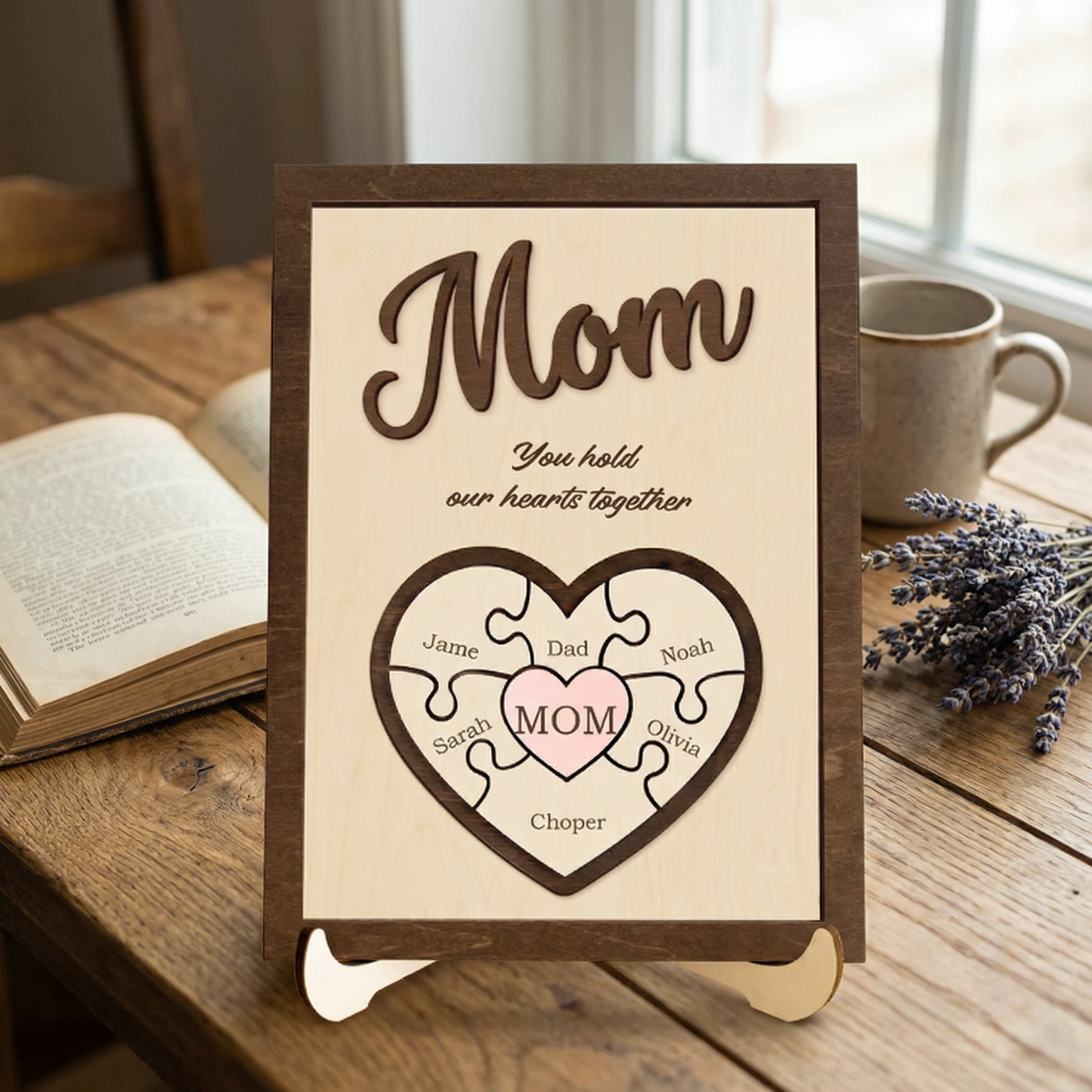 Personalized Heart Puzzle Sign for Mom – Custom Family Name Decor